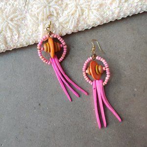 Handmade Abstract Tribal Pink Orange Wooden Bead Earrings